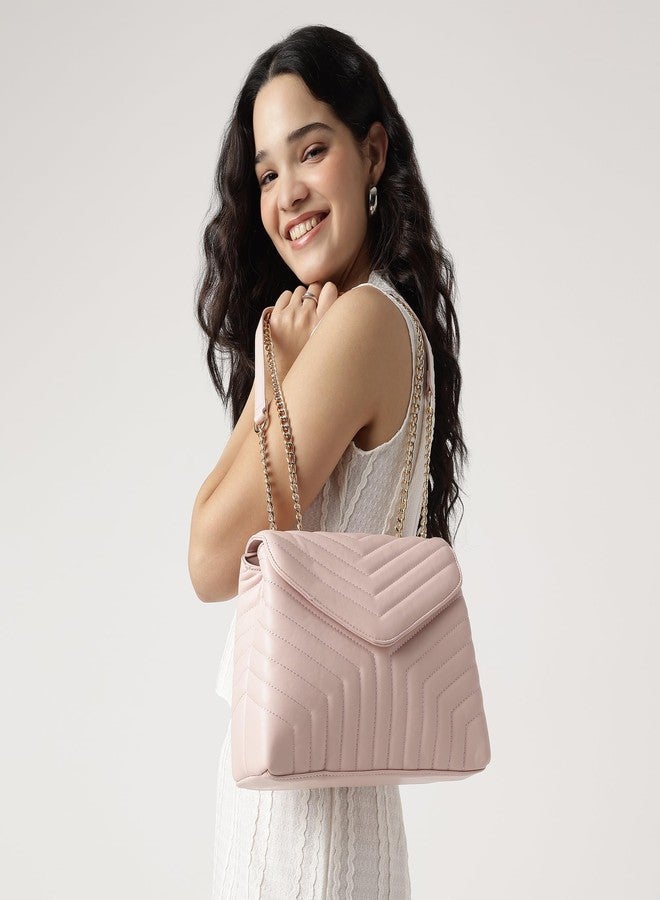 Fastrack Chevron Quilted Sling Bag for Women | Faux Leather Crossbody with 3 Compartments, Zip and Magnetic Flap Closure, Chain Strap | Trendy Everyday Sling for Casual and City Outings - Image 2